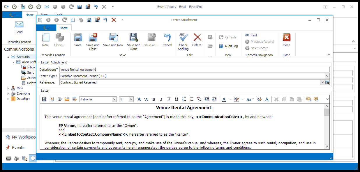 Screenshot of email Letter Attachment edit form with template content loaded. 