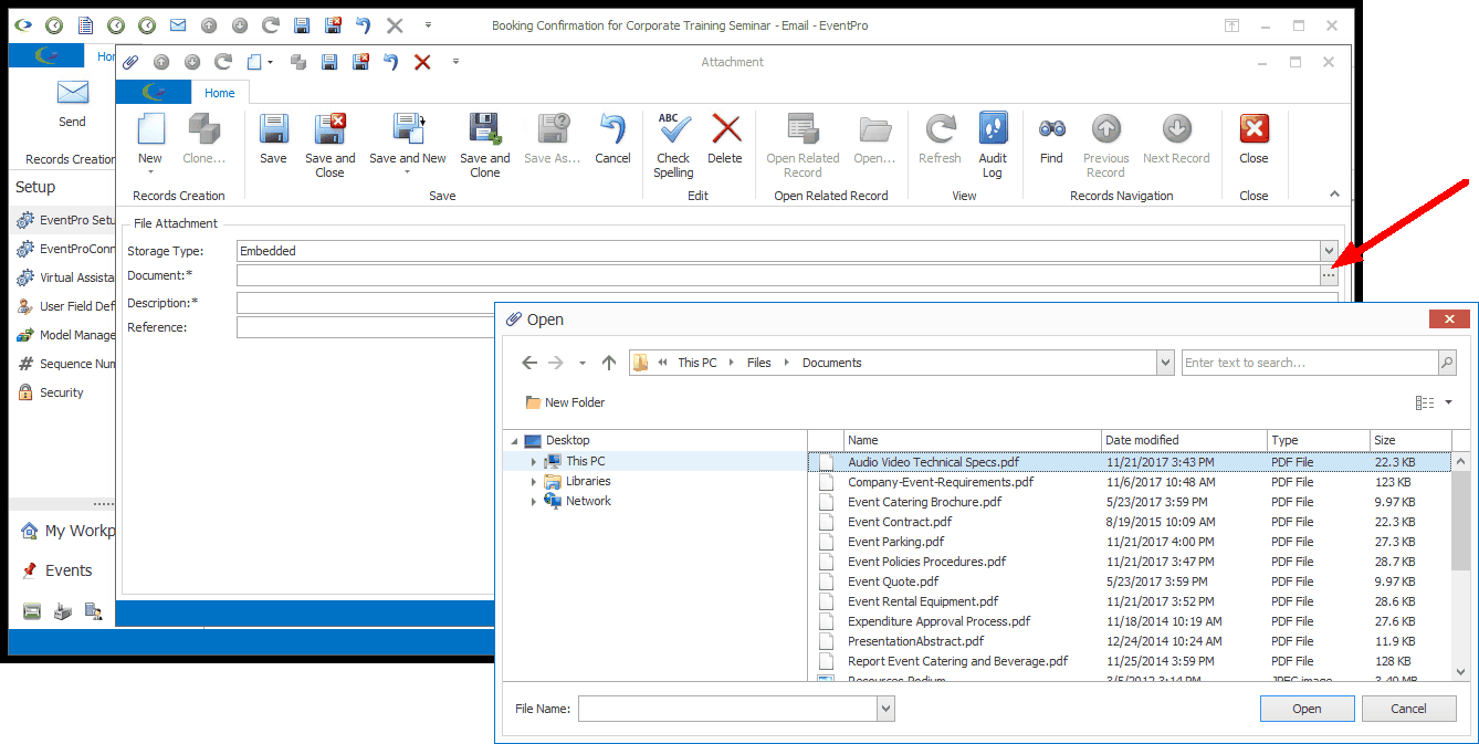 Screenshot of file selection Open window, opened from email Attachment edit form. 