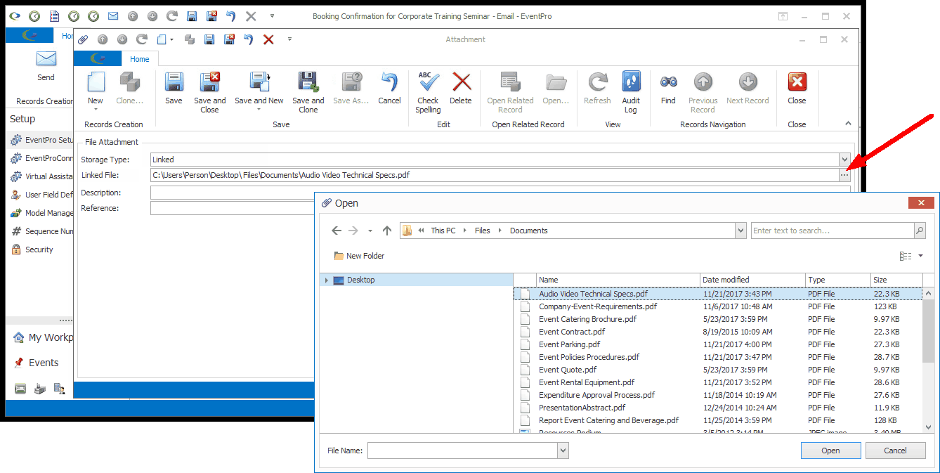 Screenshot of file selection Open window, opened from email Attachment edit form. 