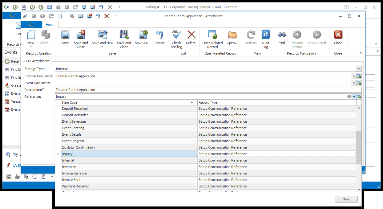 Screenshot of email Attachment edit form, displaying Reference drop-down list. 