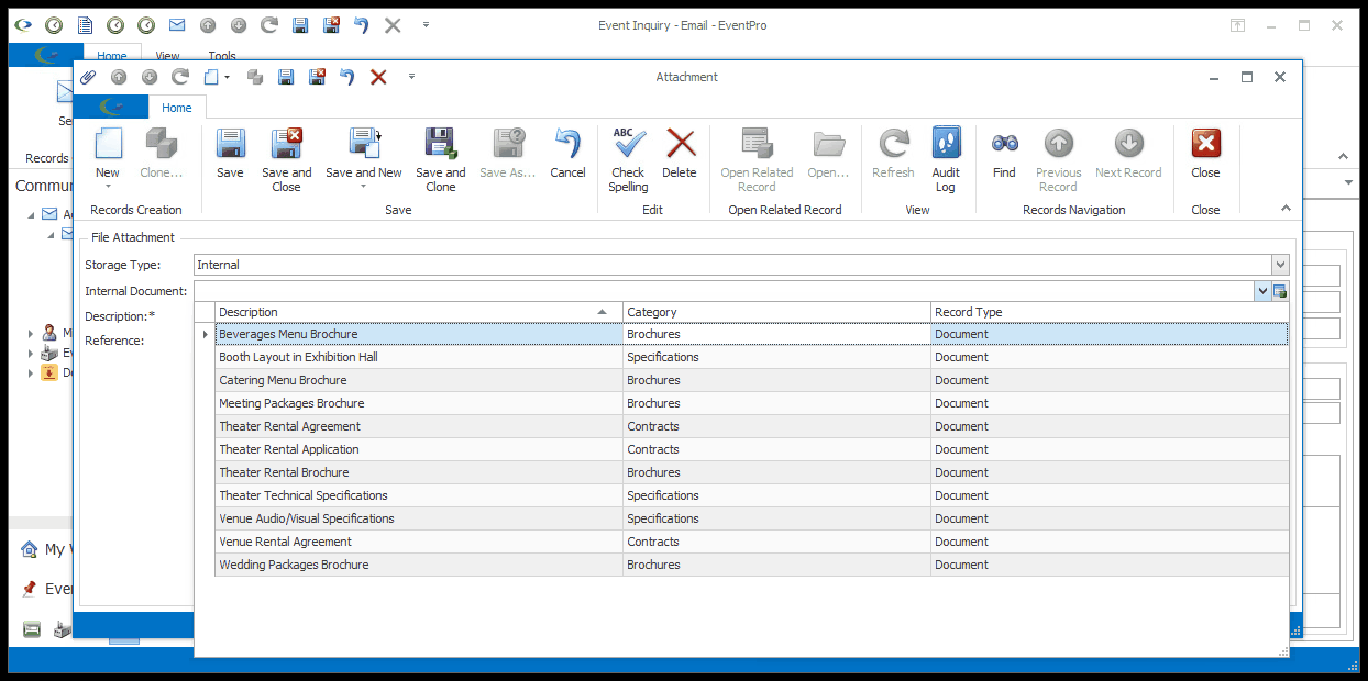 Screenshot of email Attachment edit form, displaying Internal Document drop-down list. 