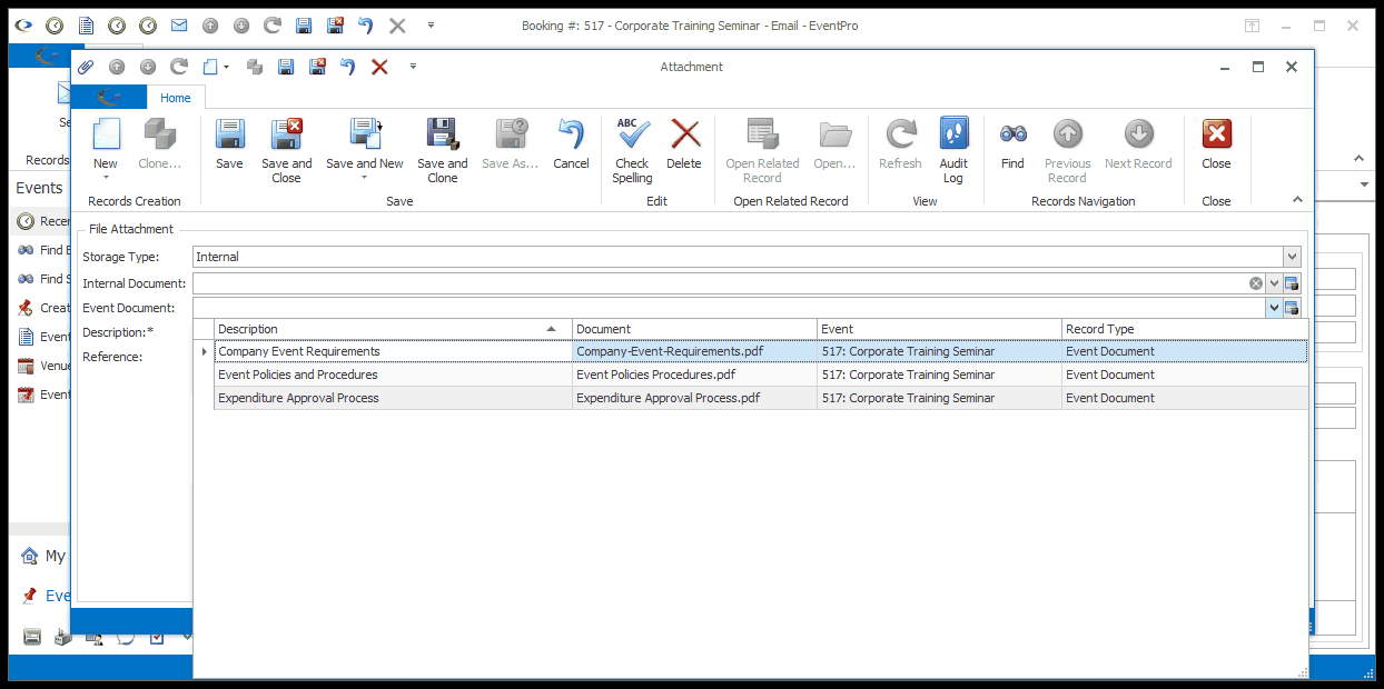 Screenshot of email Attachment edit form, displaying Event Document drop-down list. 