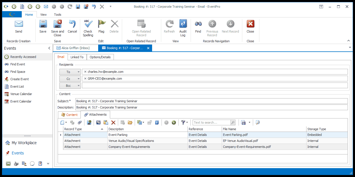 Screenshot of email edit form, displaying Attachments tab. 
