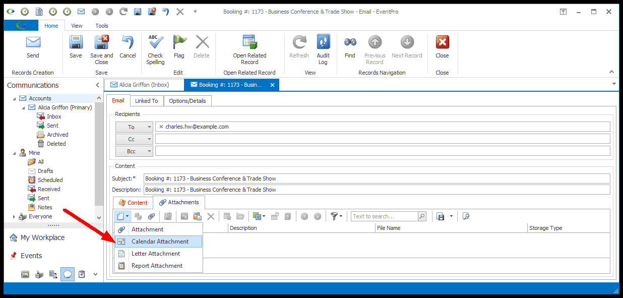 Screenshot of email edit form, pointing to attachment type drop-down list. 