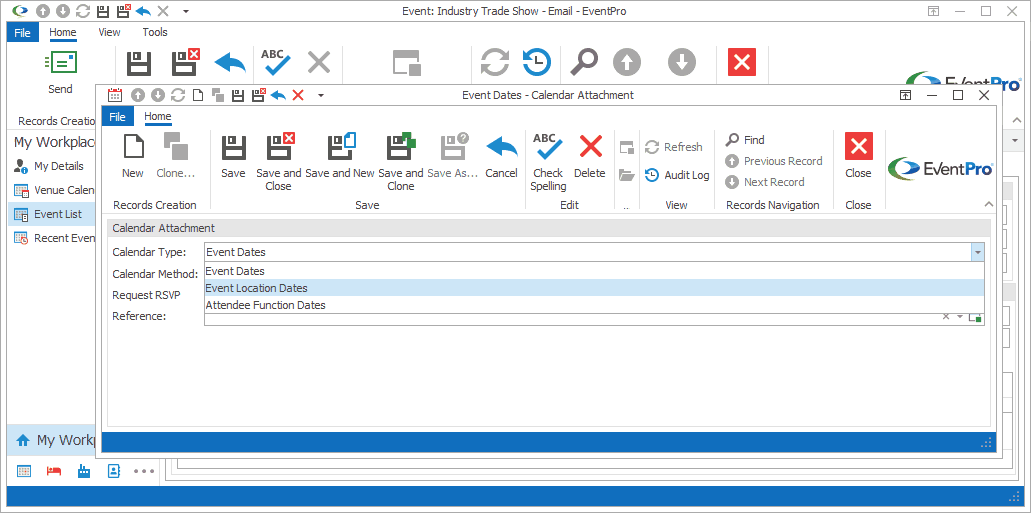 Screenshot of email Calendar Attachment edit form, displaying Calendar Type drop-down list. 