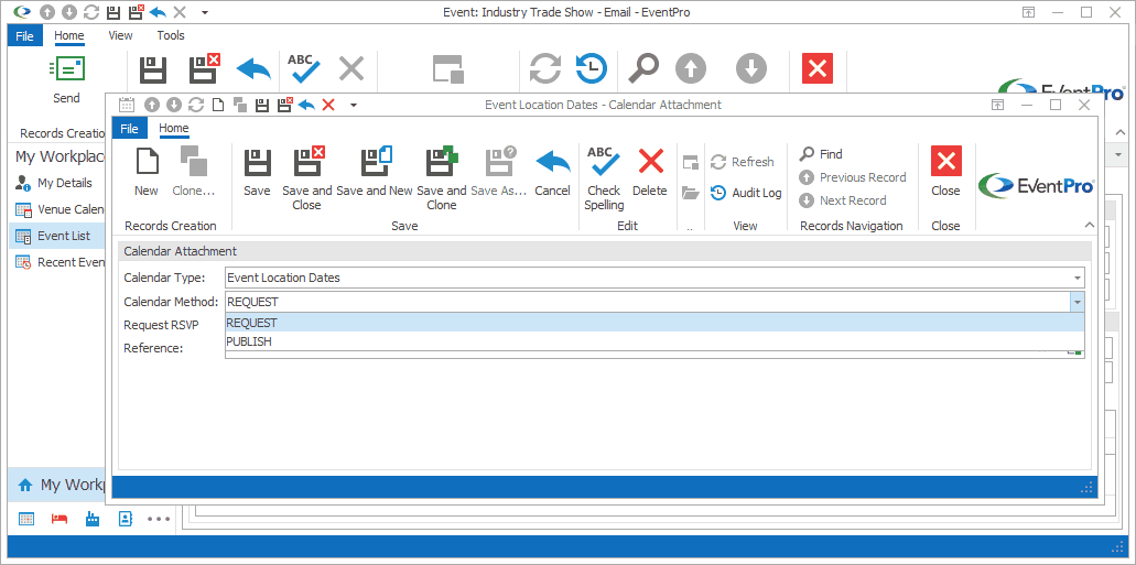 Screenshot of email Calendar Attachment edit form, displaying Calendar Method drop-down list. 