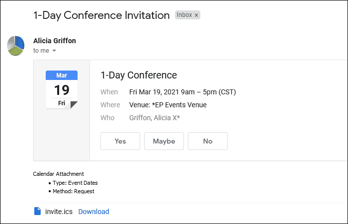 Sample email containing calendar attachment for Event Dates, Request, 1 Booked Location. 