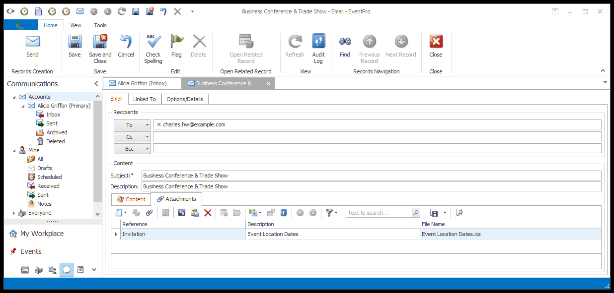 Screenshot of email edit form with Calendar Attachment under the Attachments tab. 