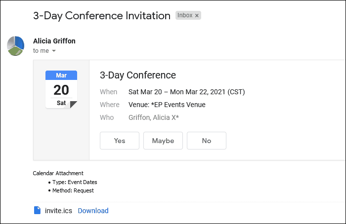 Sample email containing calendar attachment for Event Dates, Request, multiple Booked Locations. 