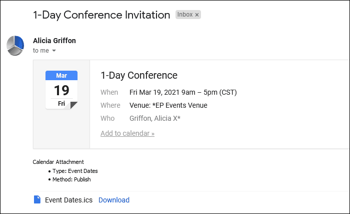 Sample email containing calendar attachment for Event Dates, Publish, 1 Booked Location. 