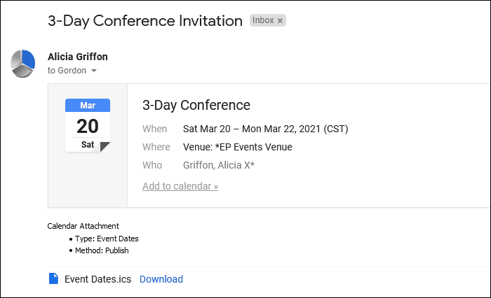 Sample email containing calendar attachment for Event Dates, Publish, multiple Booked Locations. 