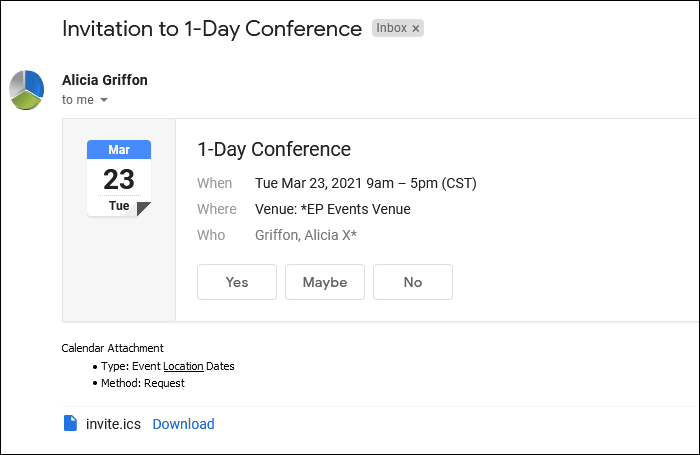 Sample email with calendar attachment for Event Location Dates, Request, 1 Booked Location. 