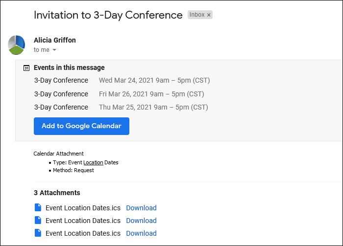 Sample email with calendar attachment for Event Location Dates, Request, multiple Booked Locations. 
