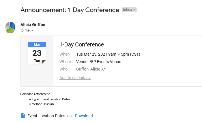 Sample email with calendar attachment for Event Location Dates, Publish, 1 Booked Location. 