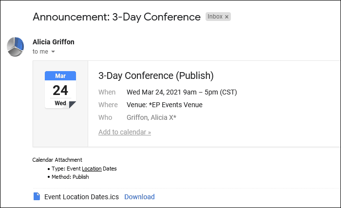 Sample email with calendar attachment for Event Location Dates, Publish, multiple Booked Locations. 