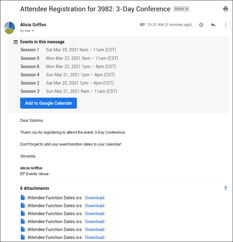 Sample email with calendar attachment for Attendee Function Dates, Request, multiple Functions. 