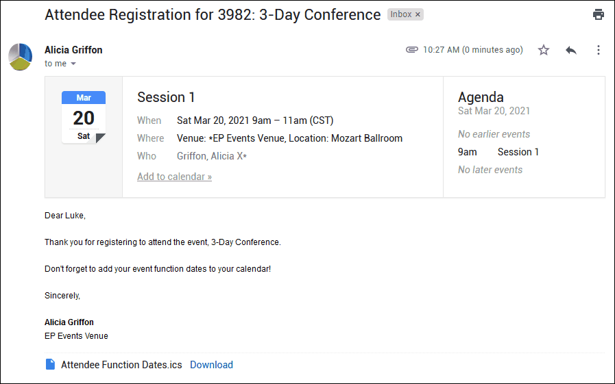 Sample email with calendar attachment for Attendee Function Dates, Publish, multiple Functions. 
