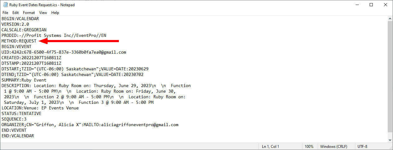 Screenshot of Event Dates .ics File, Request method, viewed in text editor. 