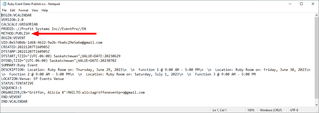Screenshot of Event Dates .ics File, Publish method, viewed in text editor. 