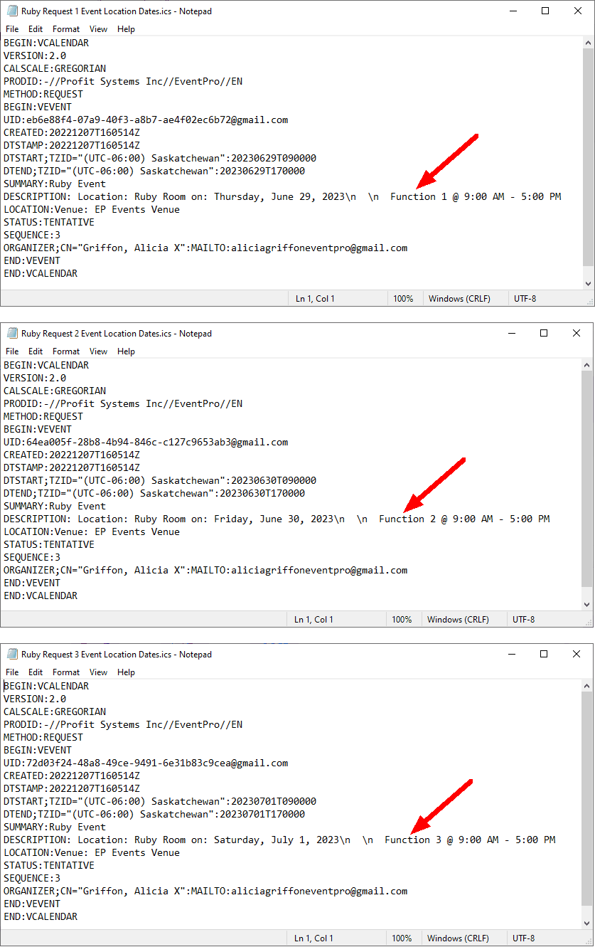Screenshot of 3 Event Location .ics files, Request method, viewed in text editor. 