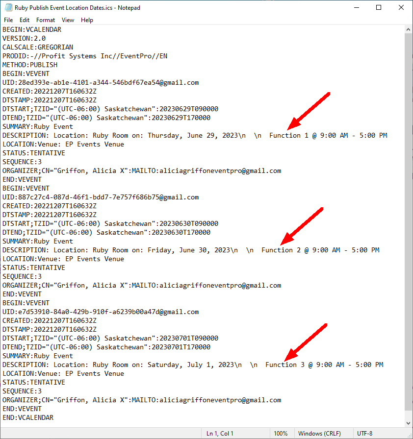 Screenshot of .ics File with 3 Event Locations, Publish method, viewed in text editor. 