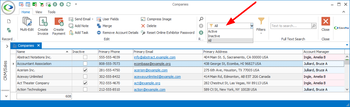 Screenshot of Companies list view selection grid, pointing to Grid Filter drop-down options, including All, Active, and Inactive. 