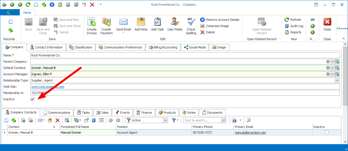 Screenshot of Company edit form, pointing to Inactive checkbox
