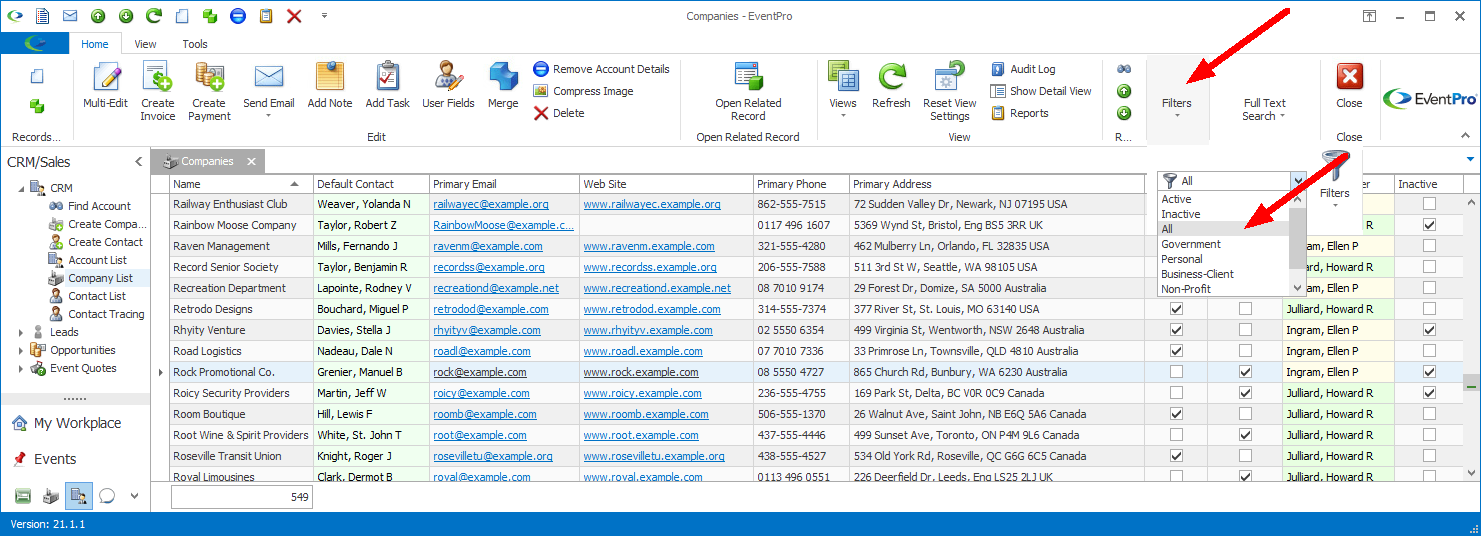 Screenshot of selection grid, pointing to All, Active, Inactive filter in top ribbon