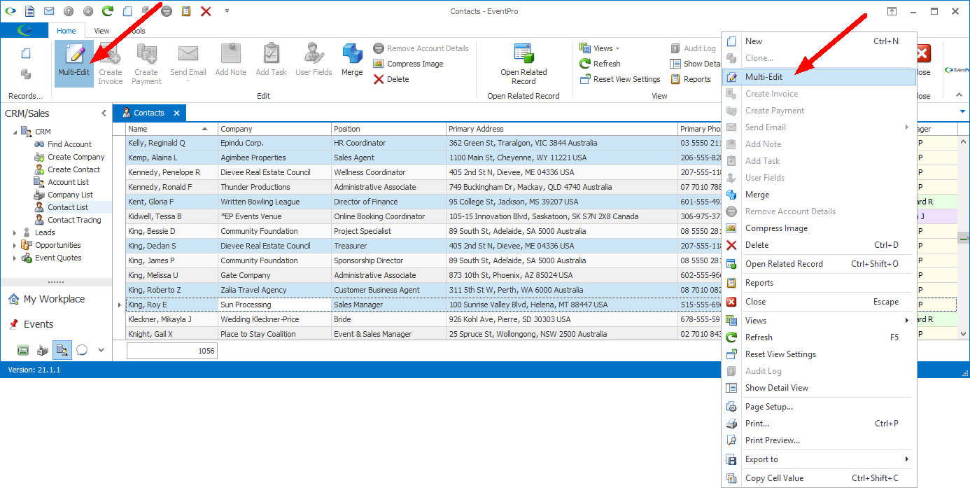 Screenshot of Contacts selection grid, pointing to Multi-Edit command in ribbon and speed menu