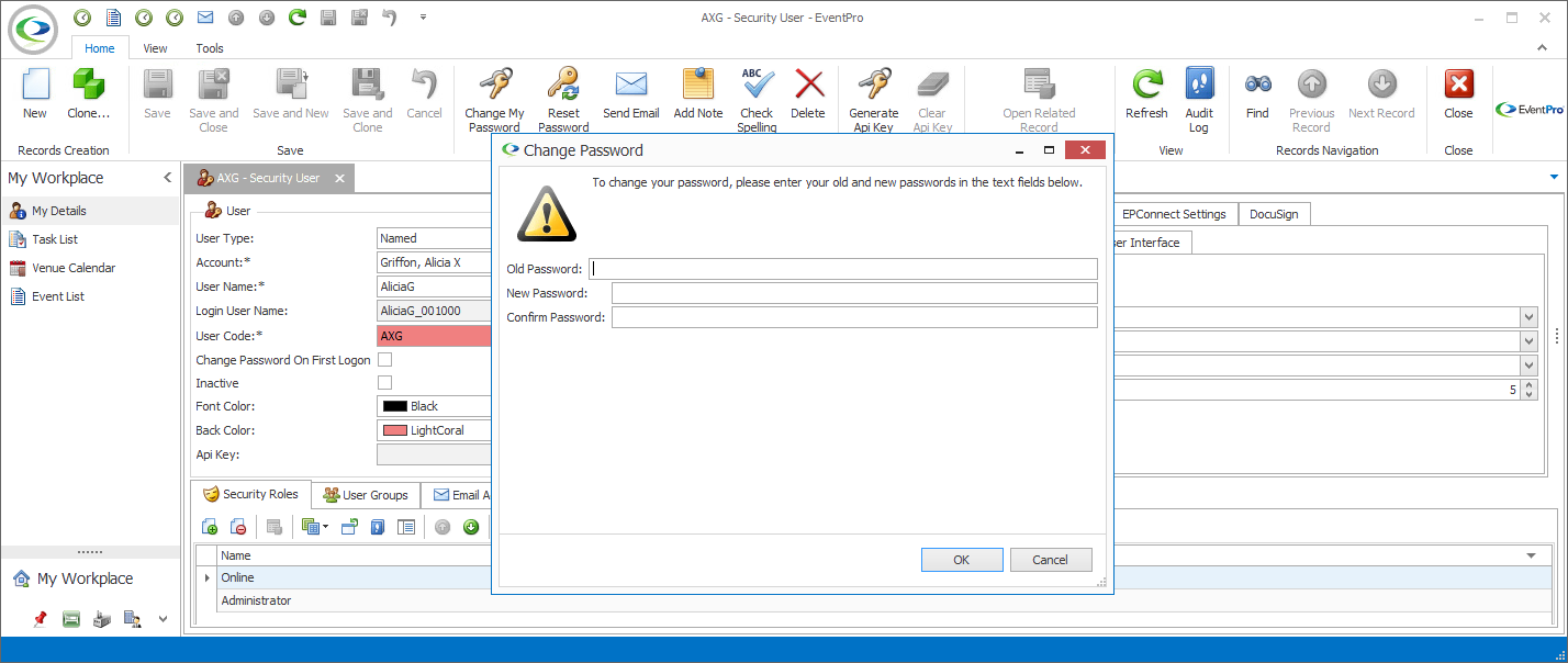 The Change Password dialog opened from the Security User edit form with the Change My Password button.