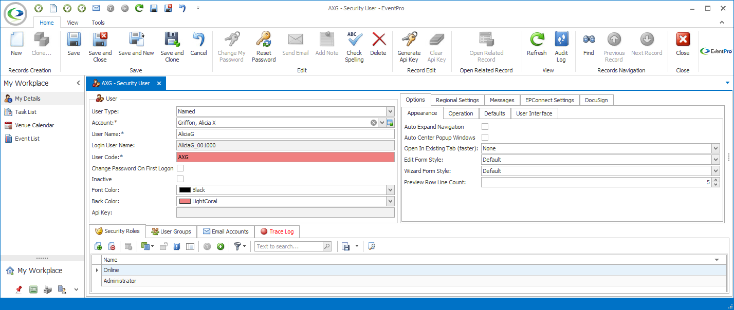 Screenshot of a Security User edit form opened with the My Details command