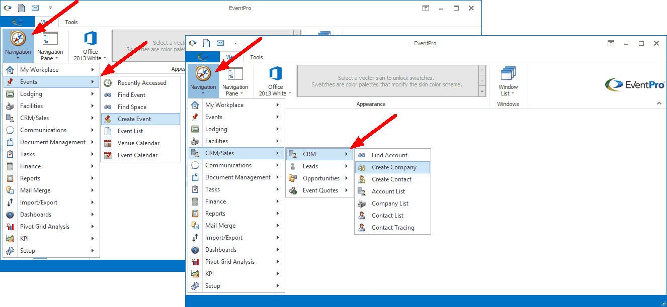 Create Event and Create Company commands in Navigation Menu