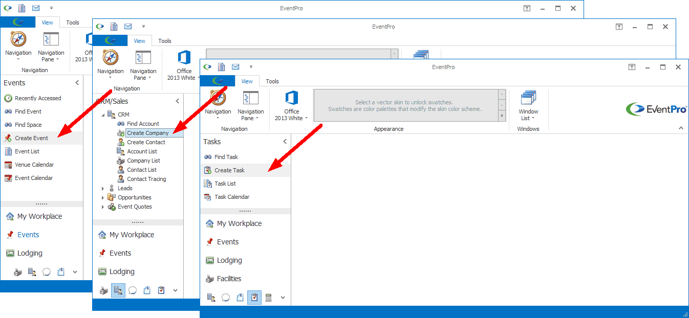 The Create command for Events, Companies, and Tasks screens