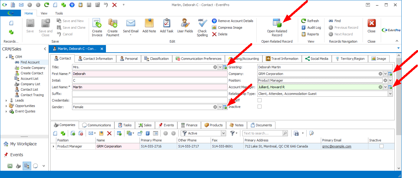 Screenshot of Contact edit form, pointing to Open Object buttons for certain fields