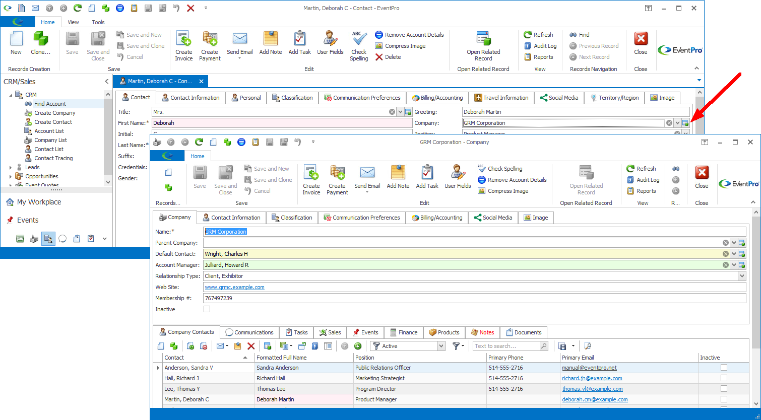 Screenshot of Company edit form opened from Contact edit form with Open Object command
