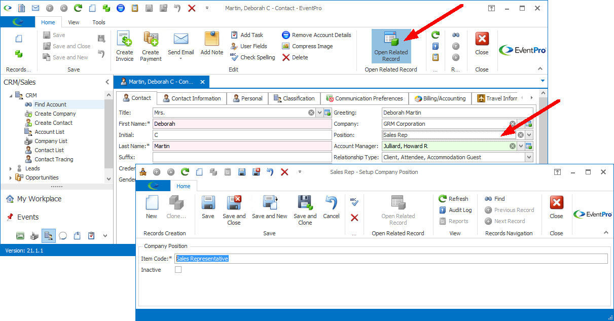 Screenshot of Setup Position edit form opened from Contact edit form with Open Related Record command
