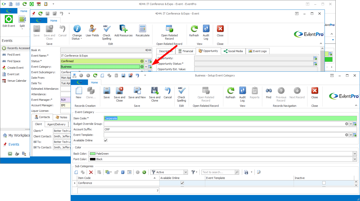 Screenshot of Setup Event Category edit form opened from Edit Event window