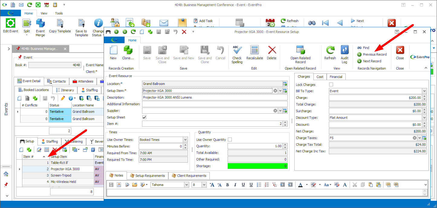 Screenshot of Event Resource edit form, pointing to Previous and Next Record buttons