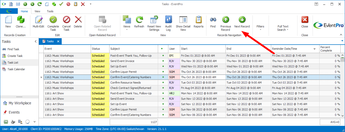 Screenshot of Task selection grid, pointing to Previous and Next Record buttons