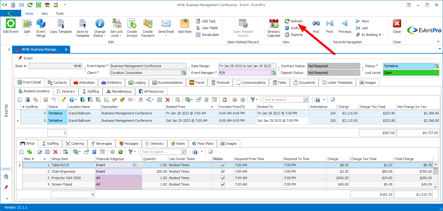 Screenshot of Event screen, pointing to Refresh button in top ribbon