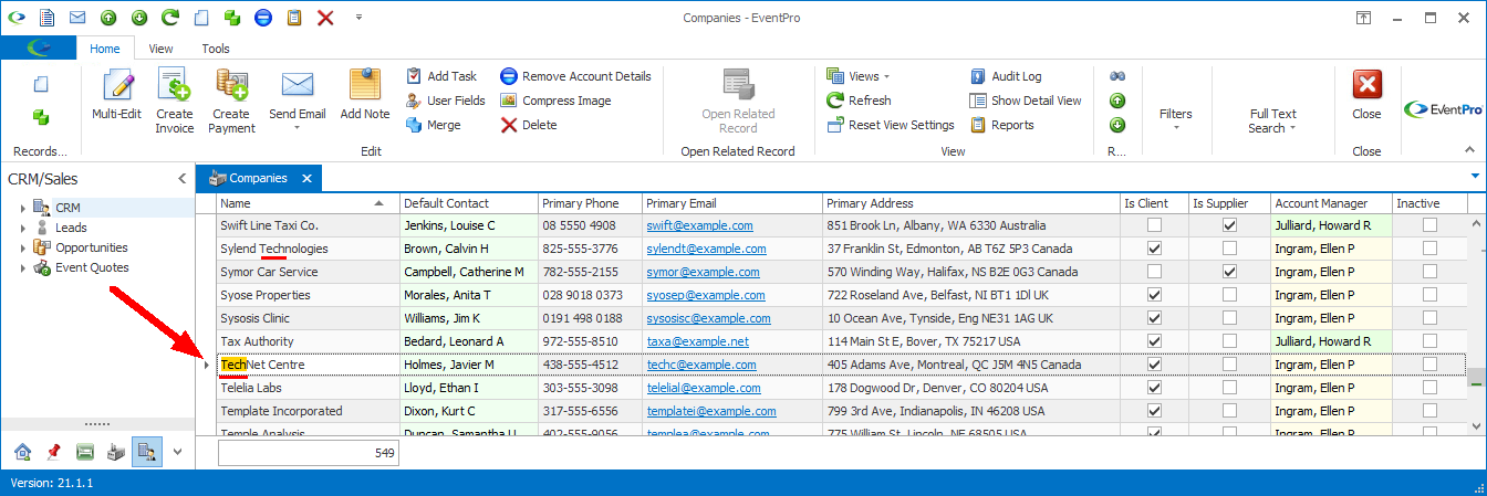 Screenshot of Company List, demonstrating Type in Column search