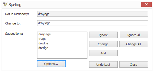 Image of Spelling dialog displaying a word not found in dictionary