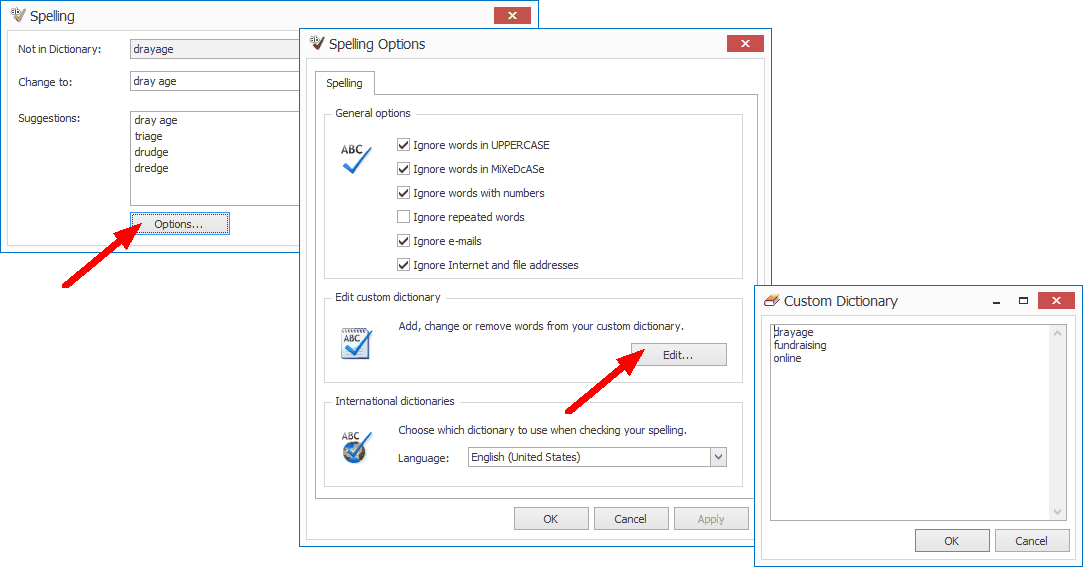 Image of Spelling dialog with Spelling Options and Custom Dictionary opened