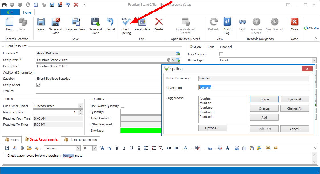 Screenshot of edit form, pointing to Check Spelling command
