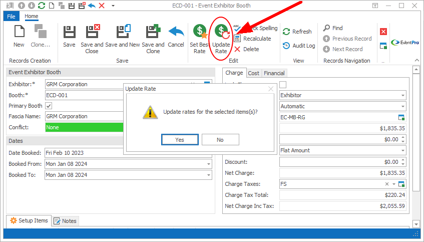Screenshot of Event Exhibitor Booth edit form, pointing to Update Rate button. 