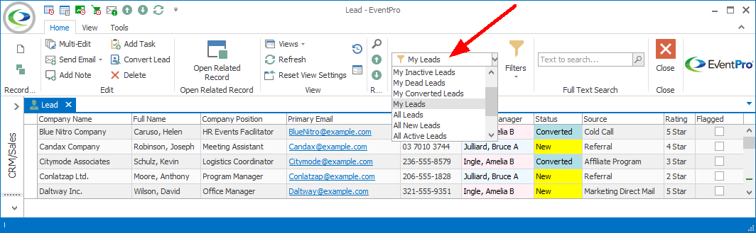 Screenshot of Leads List selection grid, pointing to Grid Filter drop-down options including My and All. 