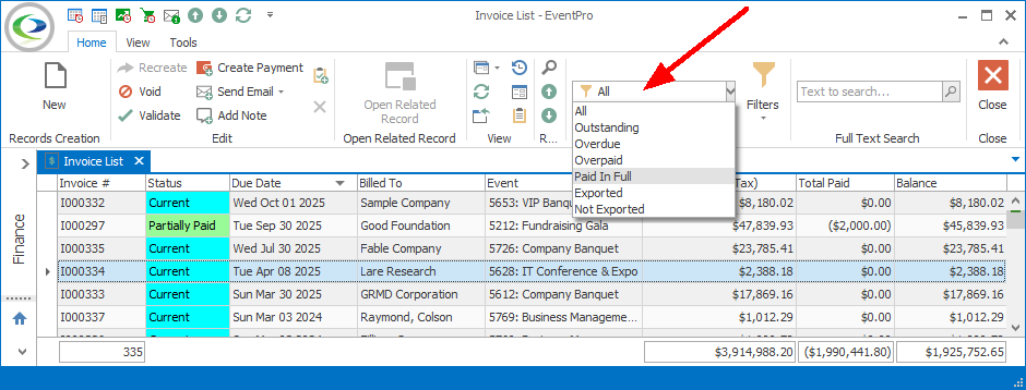 Screenshot of Invoice List selection grid, pointing to Grid Filter drop-down options. 