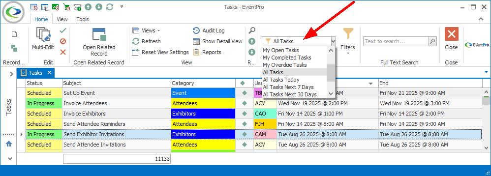 Screenshot of Tasks List selection grid, pointing to Grid Filter drop-down options. 